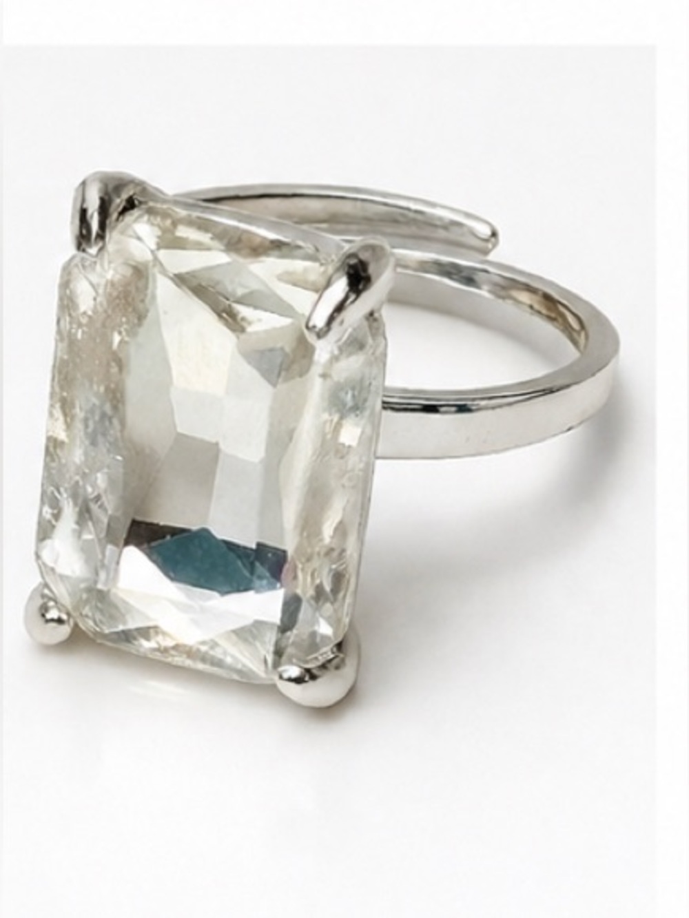 Silver Adjustable Brass Rectangle Glass Stone Mirror Silver Ring